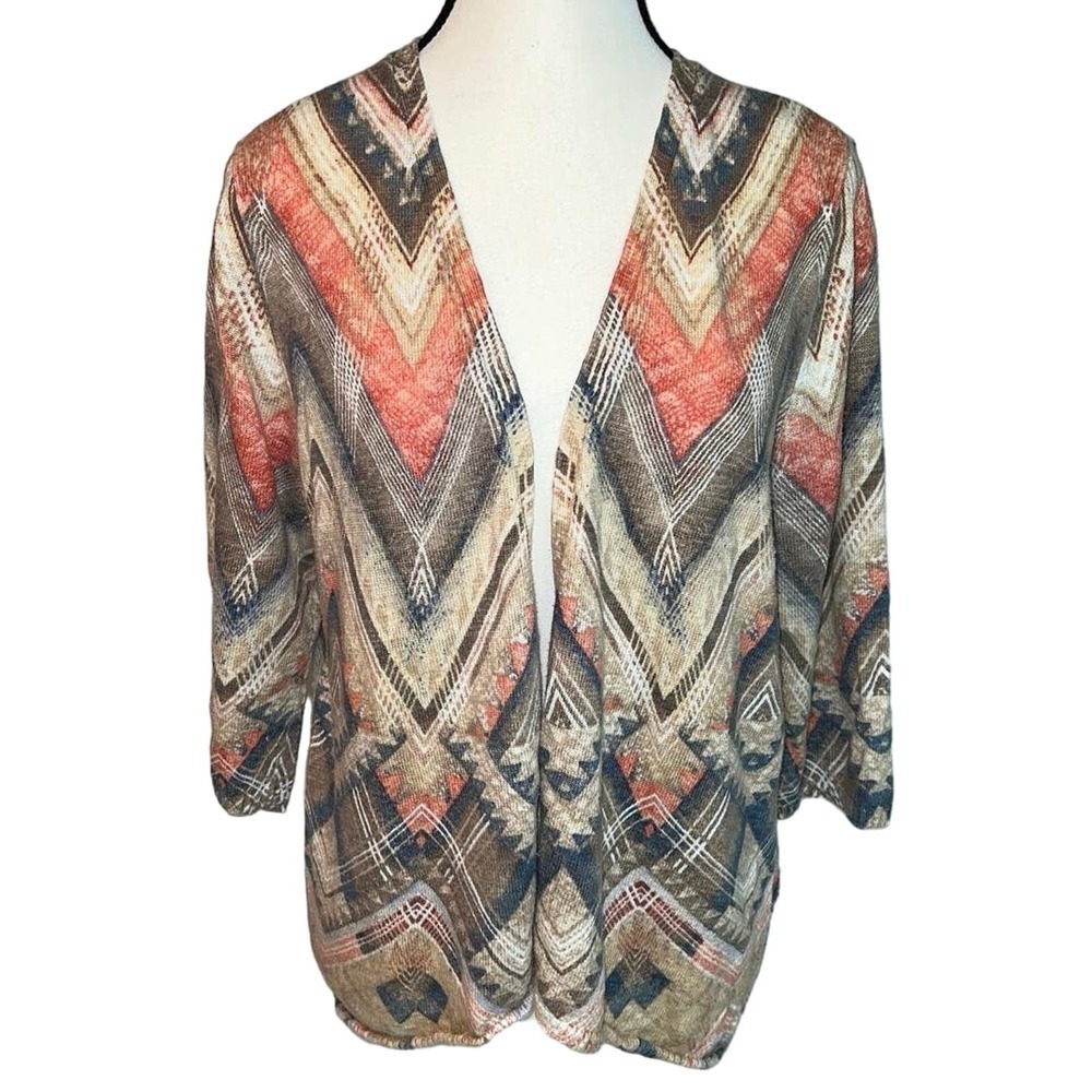 Chico’s Aztec Open Cardigan Sweater, Size 12 (Chicos Size 2) Brown/Gray/Orange